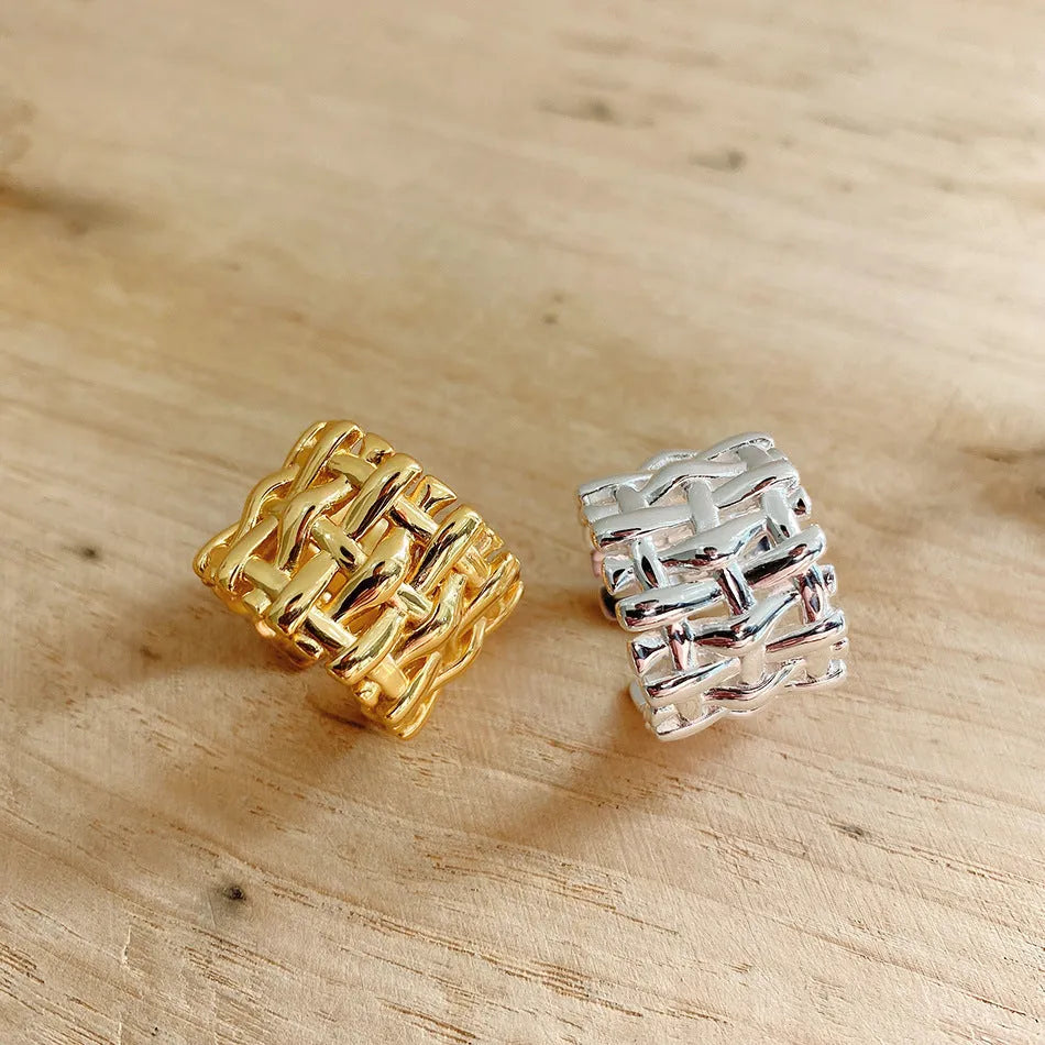 Woven ring for women, hollow cross design, wide band, gold and silver colours