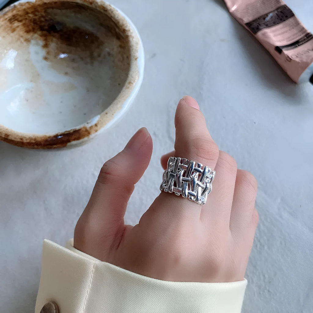 Woven ring for women, hollow cross design, wide band, gold and silver colours