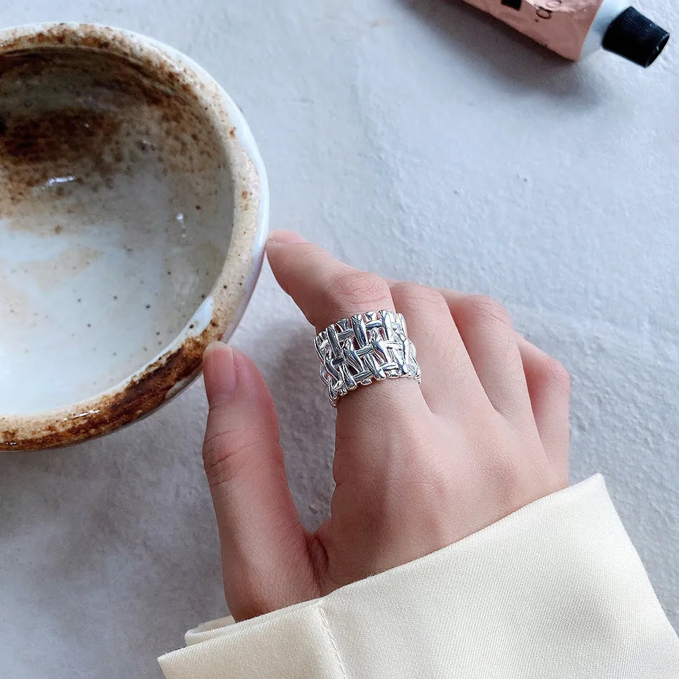 Woven ring for women, hollow cross design, wide band, gold and silver colours