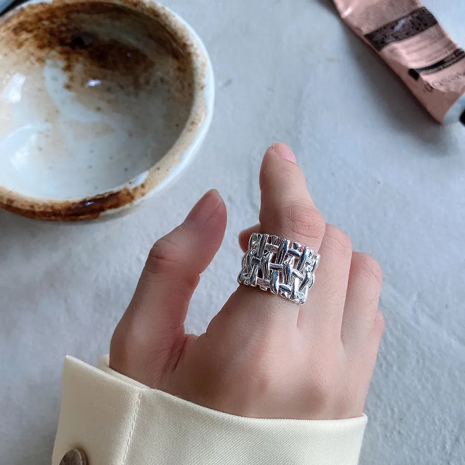 Woven ring for women, hollow cross design, wide band, gold and silver colours