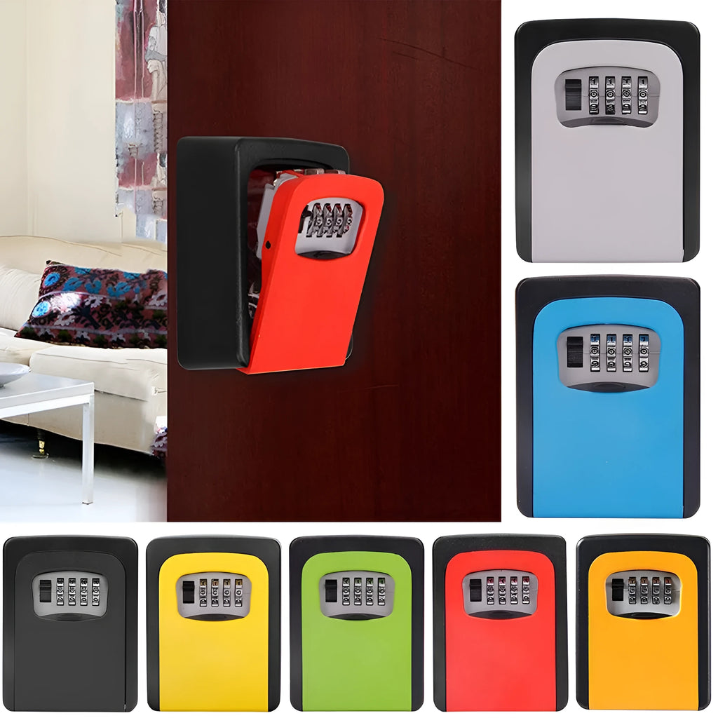Wall mounted 4-digit combination key storage box in black steel with numbered dial