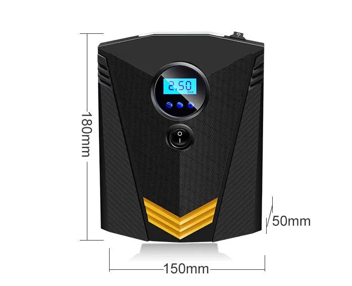 Black 12V electric tyre inflator with digital display, tyre pressure gauge and lighting
