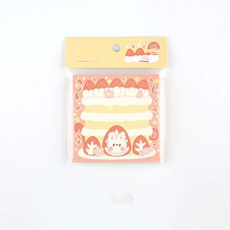 Kawaii Milk Strawberry memo pad with 100 paper sheets, 80x80mm square, berry-themed cover colours