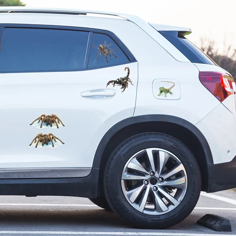 Set of four 3D transparent PVC car stickers featuring spider, gecko, scorpion, and spider designs on a vehicle panel