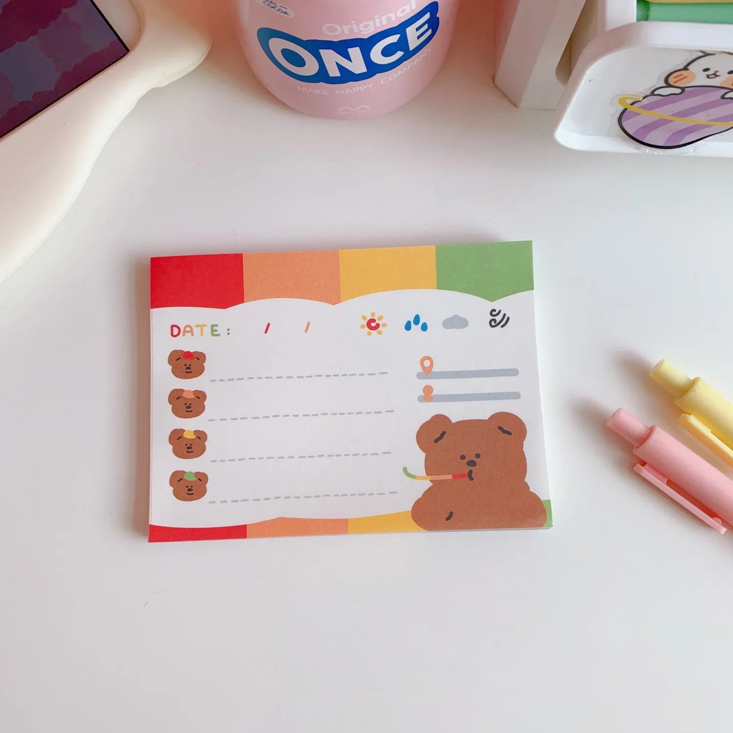 Kawaii bear cartoon memo pad notepad with colourful printed cover for to-do lists.