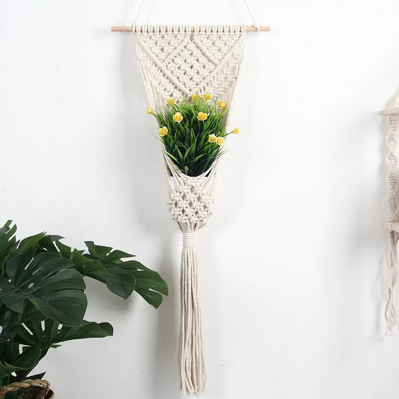White cotton woven net bag wall decoration with rectangular grid pattern measuring 30cm by 70cm