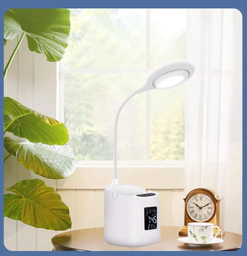 White desk lamp with USB charging and touch controls for study eye protection