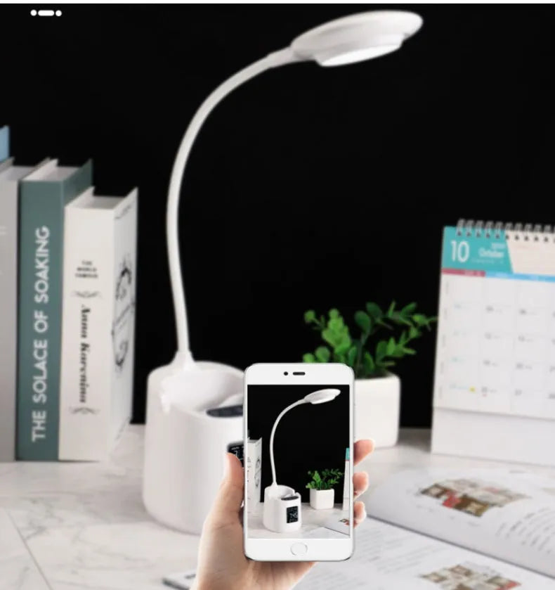 White desk lamp with USB charging and touch controls for study eye protection