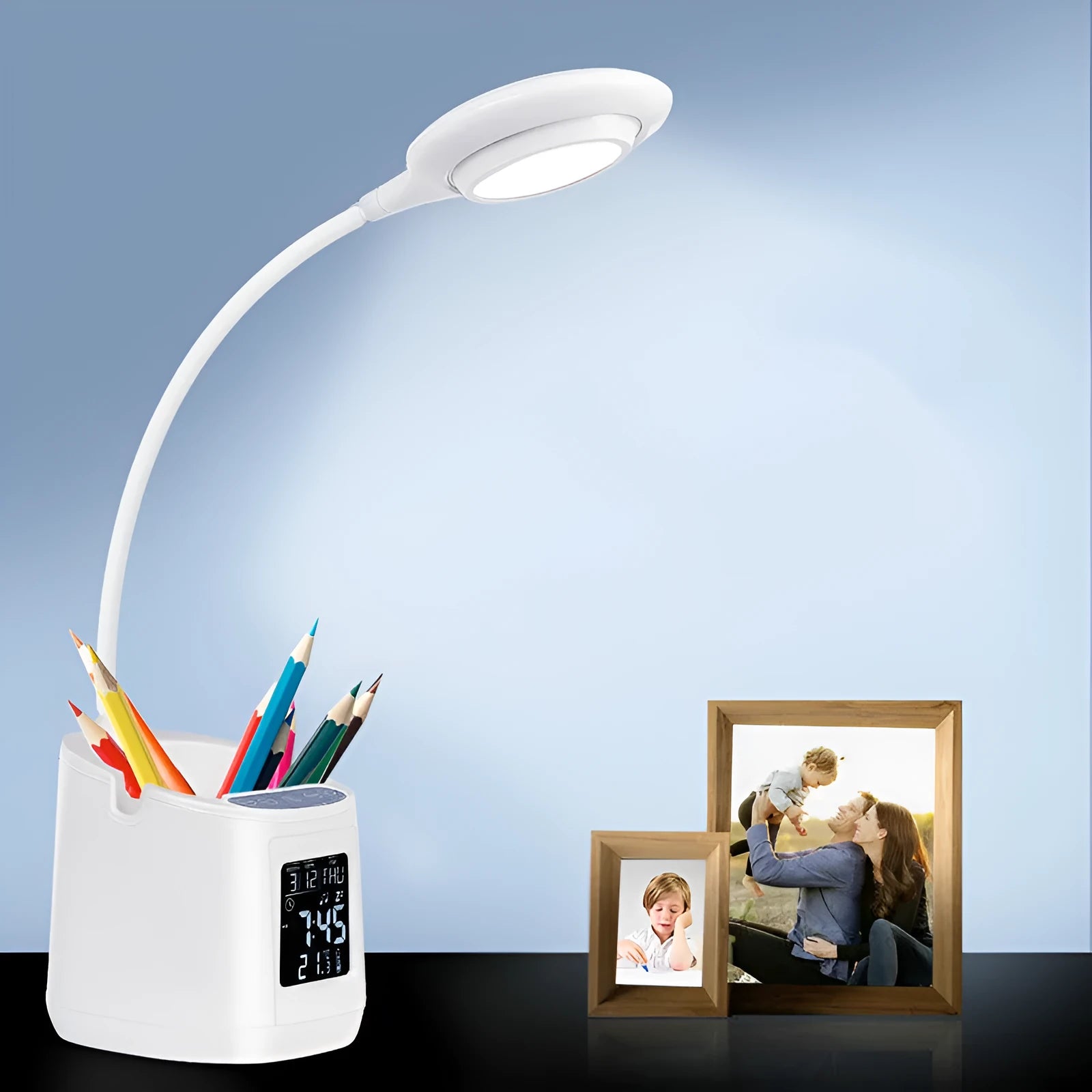 White desk lamp with USB charging and touch controls for study eye protection