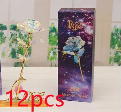 24K luminous gold rose flower set in gift box with tote bag, handmade plastic bouquet non-fade artificial roses