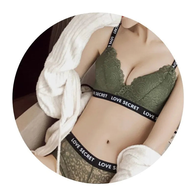 Lace gather panty set bra in black, T-back design, 100% nylon