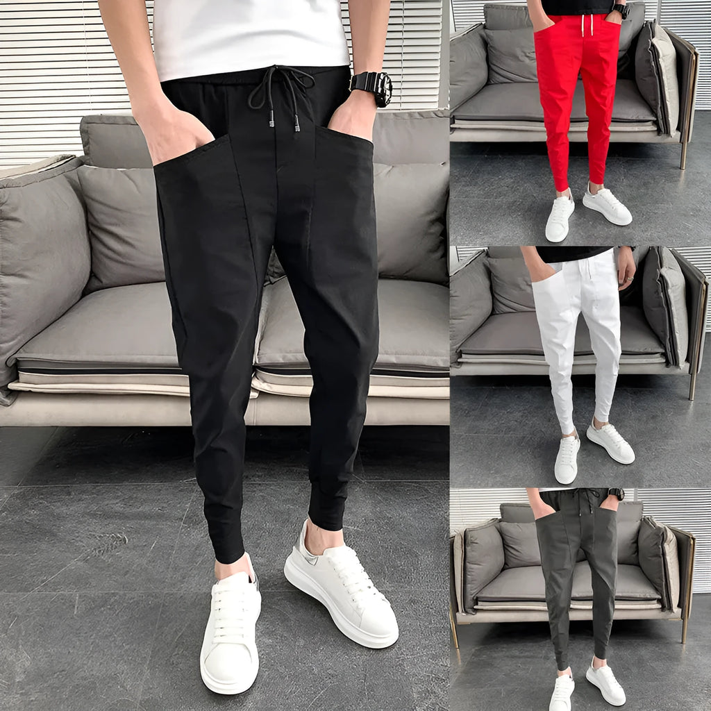 Slim trousers solid colour Harlan trousers mid waist tether closure polyester fabric black colour front view