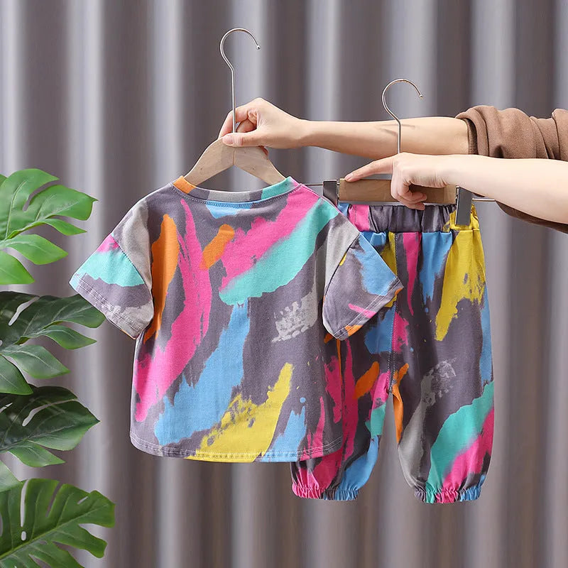 Boys summer suit set in cotton with cartoon print, two pieces including top and pants, sizes 90cm to 150cm