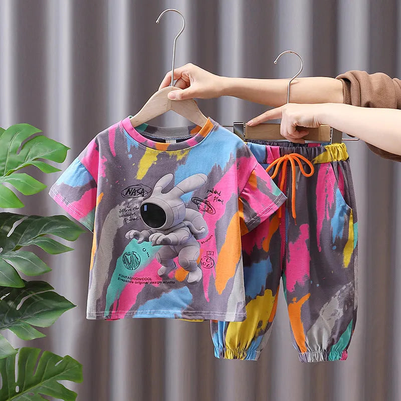 Boys summer suit set in cotton with cartoon print, two pieces including top and pants, sizes 90cm to 150cm