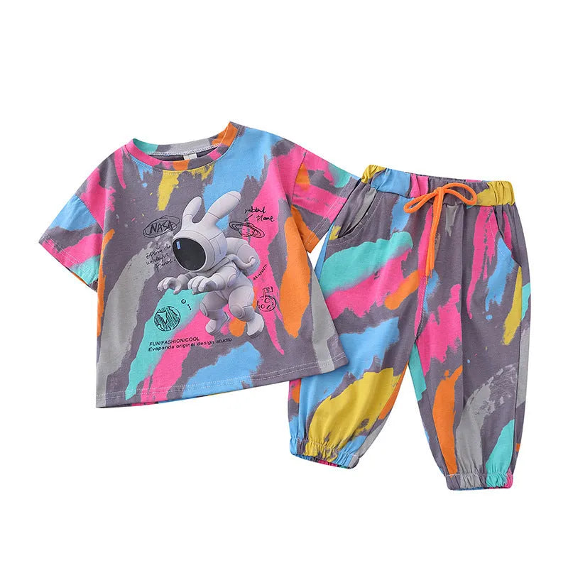 Boys summer suit set in cotton with cartoon print, two pieces including top and pants, sizes 90cm to 150cm