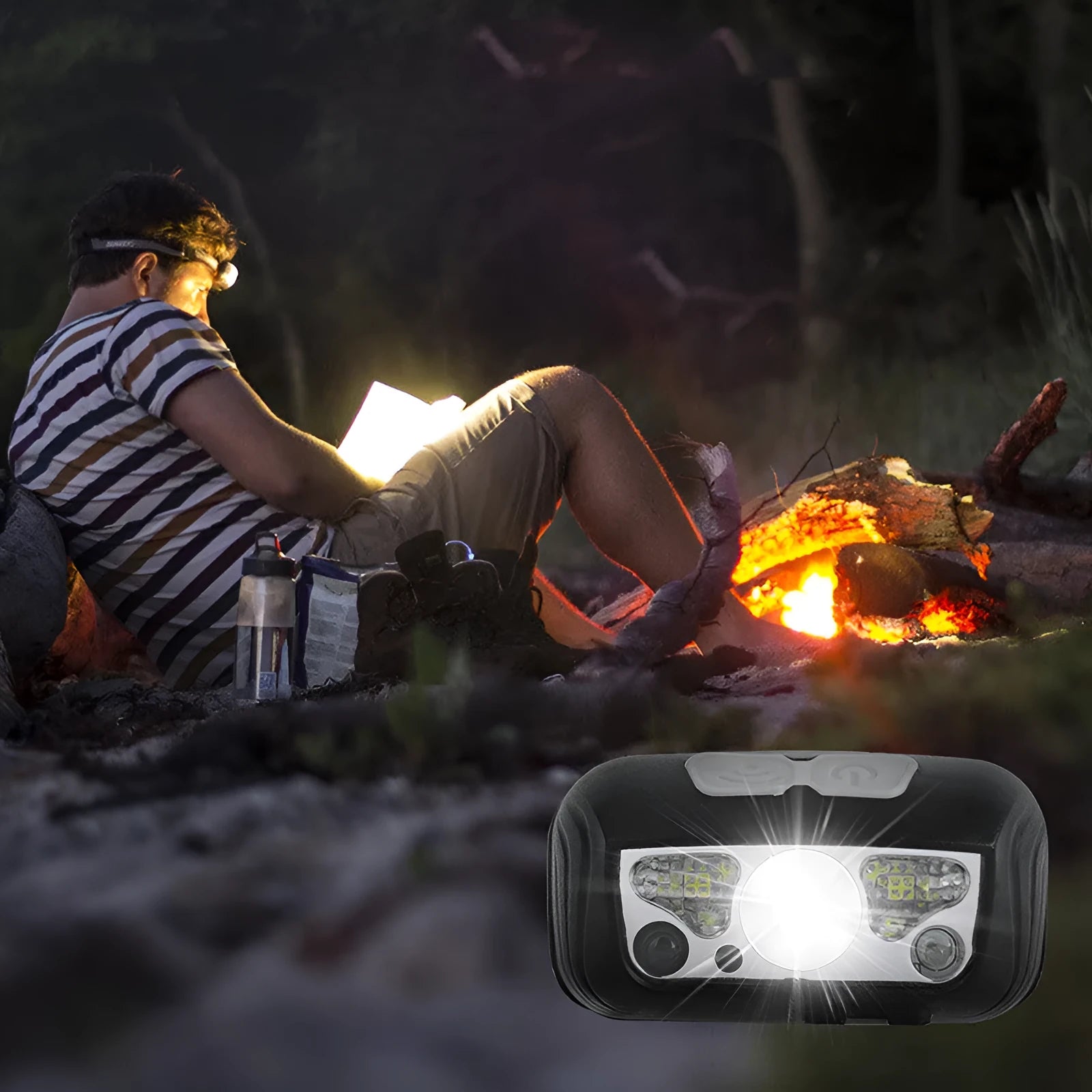 Black or blue LED sensor headlamp showing white and red LEDs, USB charging port, and compact design.