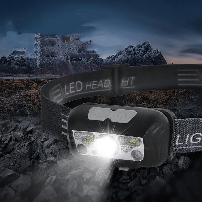 Black or blue LED sensor headlamp showing white and red LEDs, USB charging port, and compact design.