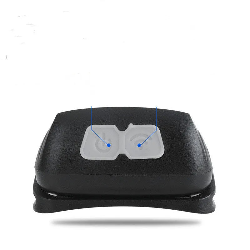 Black or blue LED sensor headlamp showing white and red LEDs, USB charging port, and compact design.