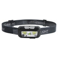 Black or blue LED sensor headlamp showing white and red LEDs, USB charging port, and compact design.