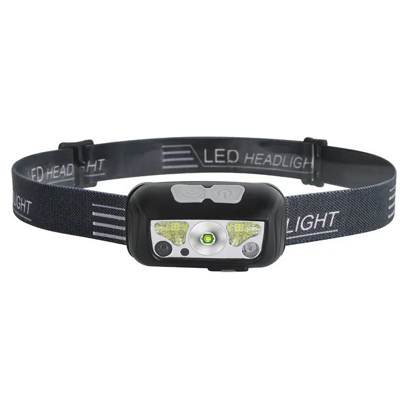 Black or blue LED sensor headlamp showing white and red LEDs, USB charging port, and compact design.