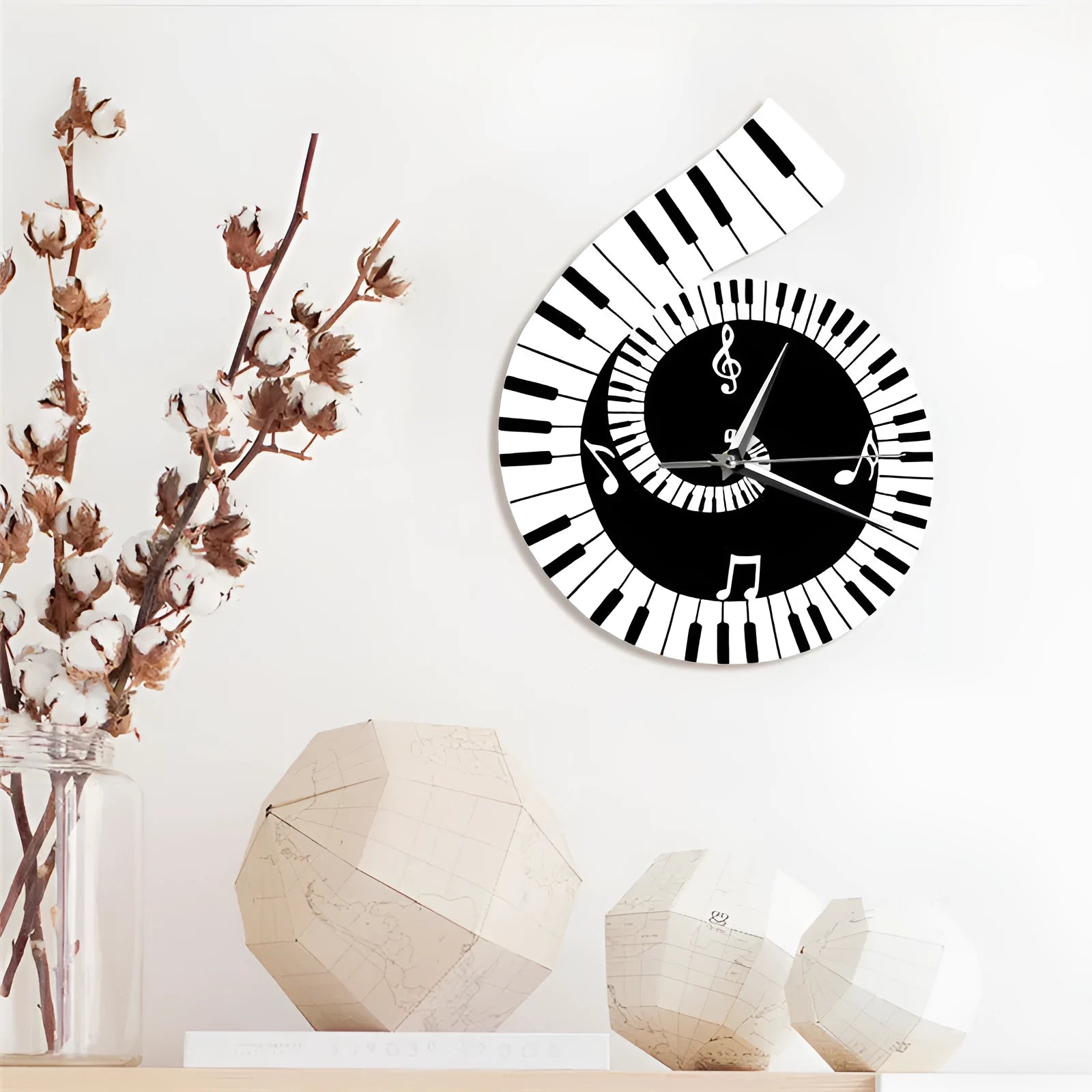 Black and white treble clef piano keyboard wall clock with musical notes irregular shape decoration