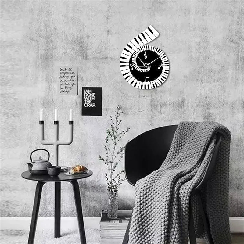 Black and white treble clef piano keyboard wall clock with musical notes irregular shape decoration