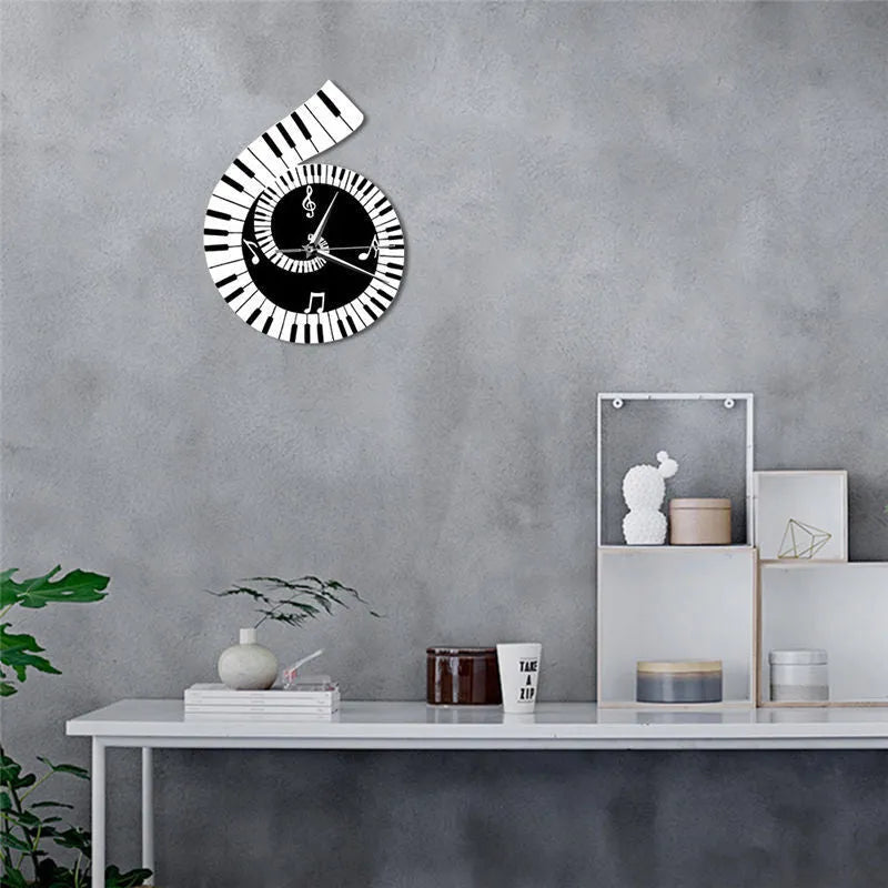 Black and white treble clef piano keyboard wall clock with musical notes irregular shape decoration