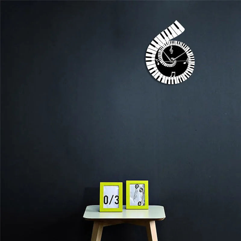 Black and white treble clef piano keyboard wall clock with musical notes irregular shape decoration