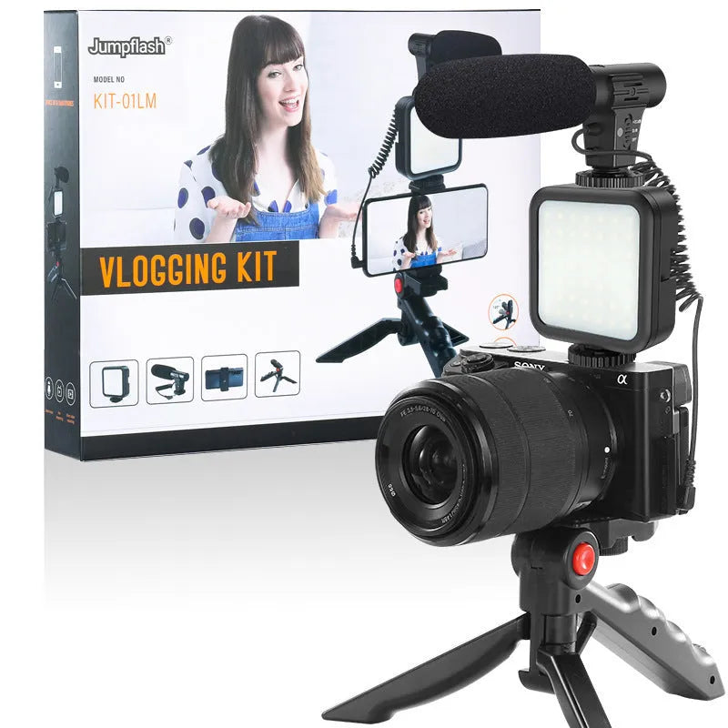Black vlog tripod kit compatible with iPhone with fill light for smartphone video studio