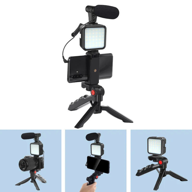 Black vlog tripod kit compatible with iPhone with fill light for smartphone video studio