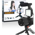 Black vlog tripod kit compatible with iPhone with fill light for smartphone video studio