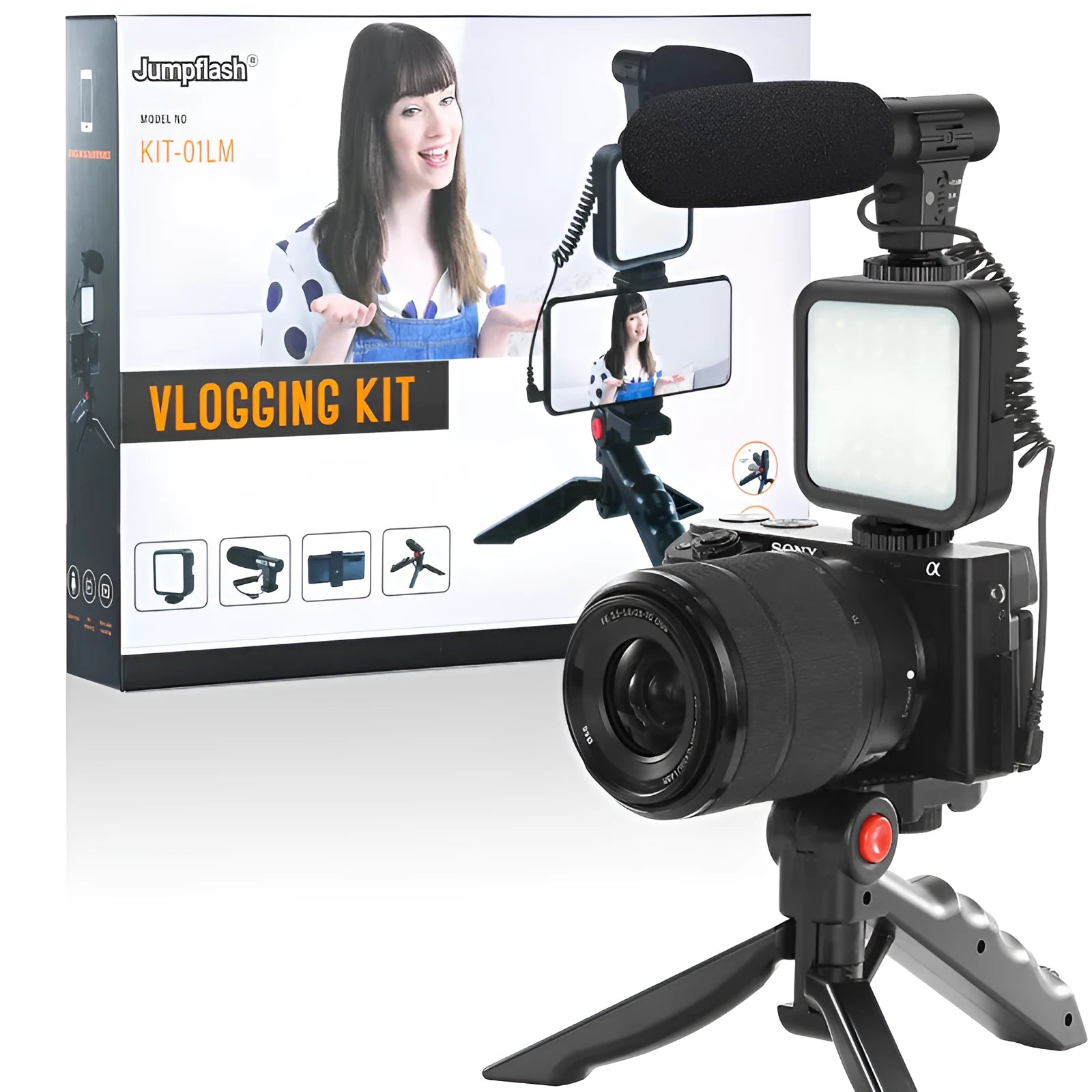 Black vlog tripod kit compatible with iPhone with fill light for smartphone video studio