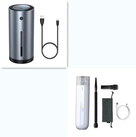 BASEUS wireless handheld car vacuum cleaner in black, white, or green with blowing hose.