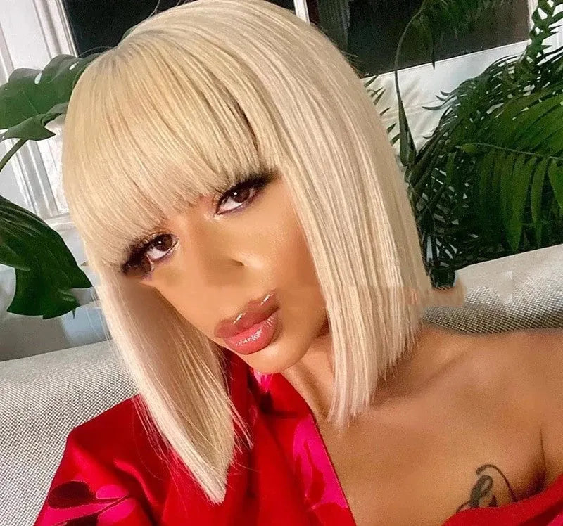 Women's short straight blonde bob wig synthetic high temperature wire on display