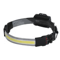 Black rechargeable Cob LED headlamp with adjustable headband and Micro USB cable