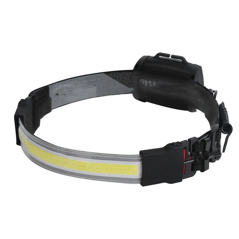 Black rechargeable Cob LED headlamp with adjustable headband and Micro USB cable