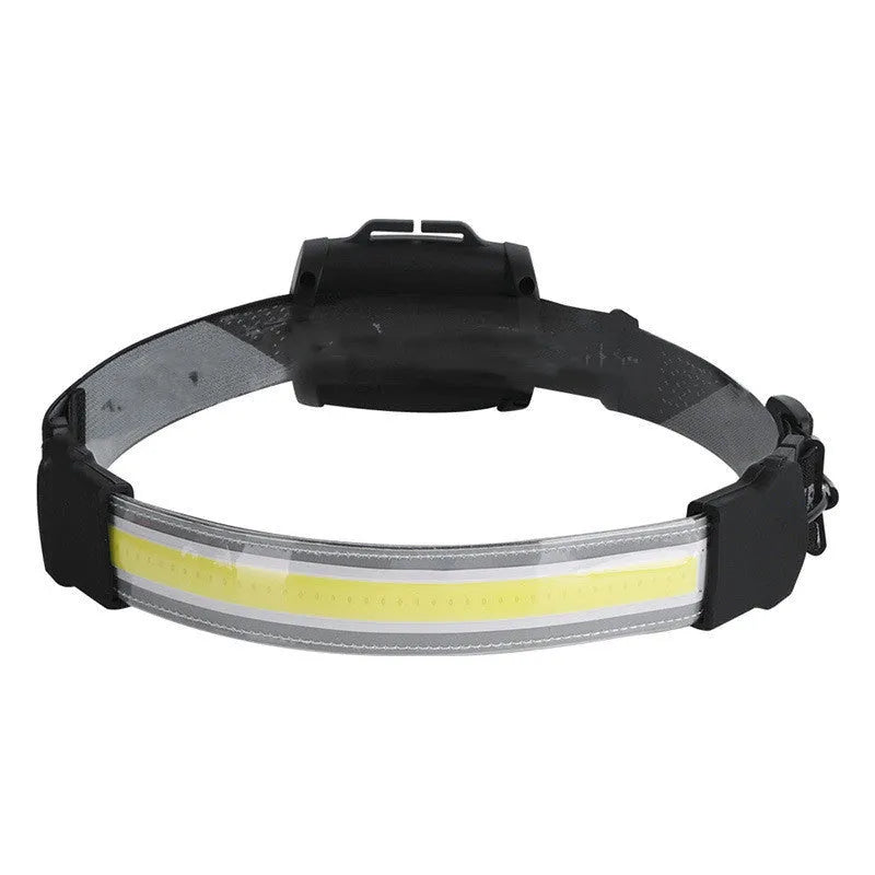 Black rechargeable Cob LED headlamp with adjustable headband and Micro USB cable