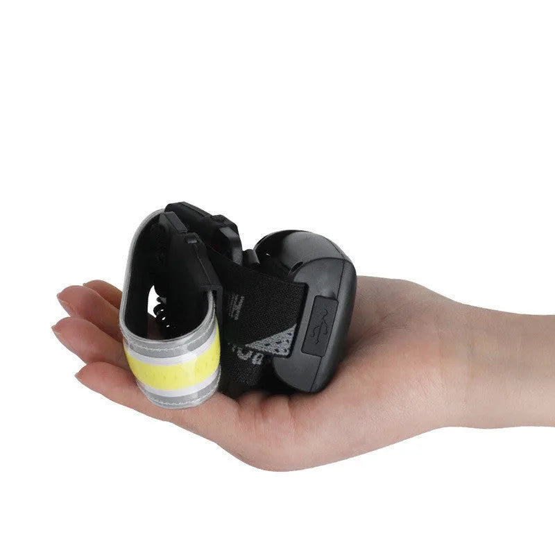 Black rechargeable Cob LED headlamp with adjustable headband and Micro USB cable
