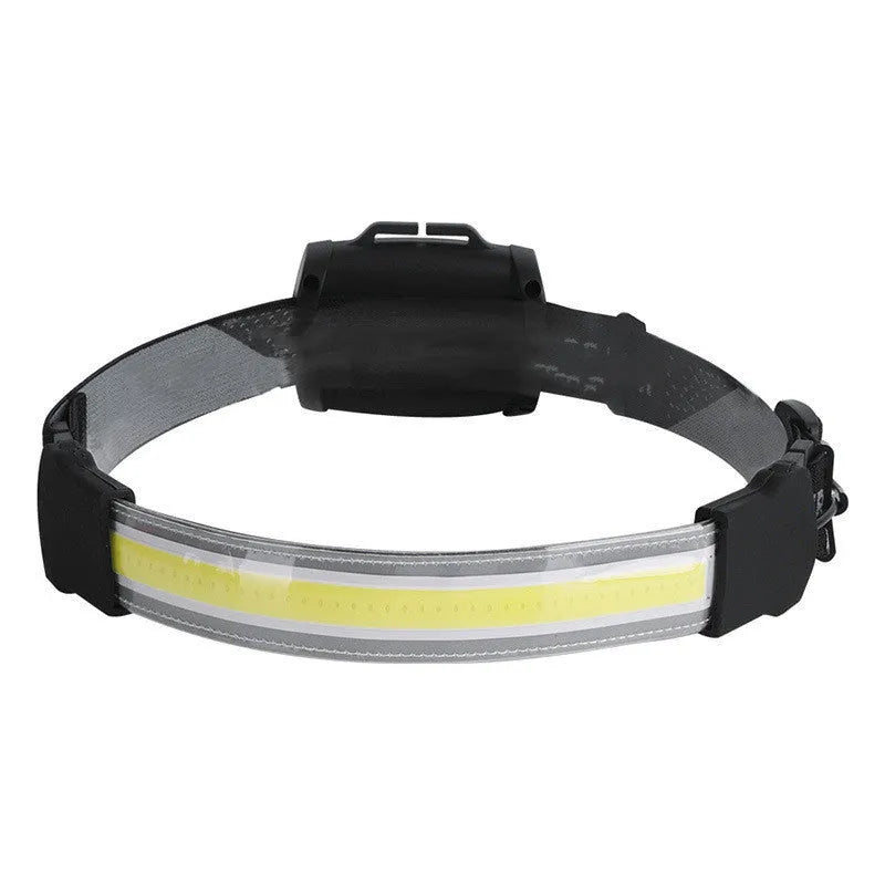 Black rechargeable Cob LED headlamp with adjustable headband and Micro USB cable