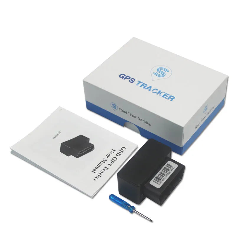 Black OBD GPS locator, 50x26x38mm, with 16PIN OBDII interface and built-in antennas, for vehicle tracking.