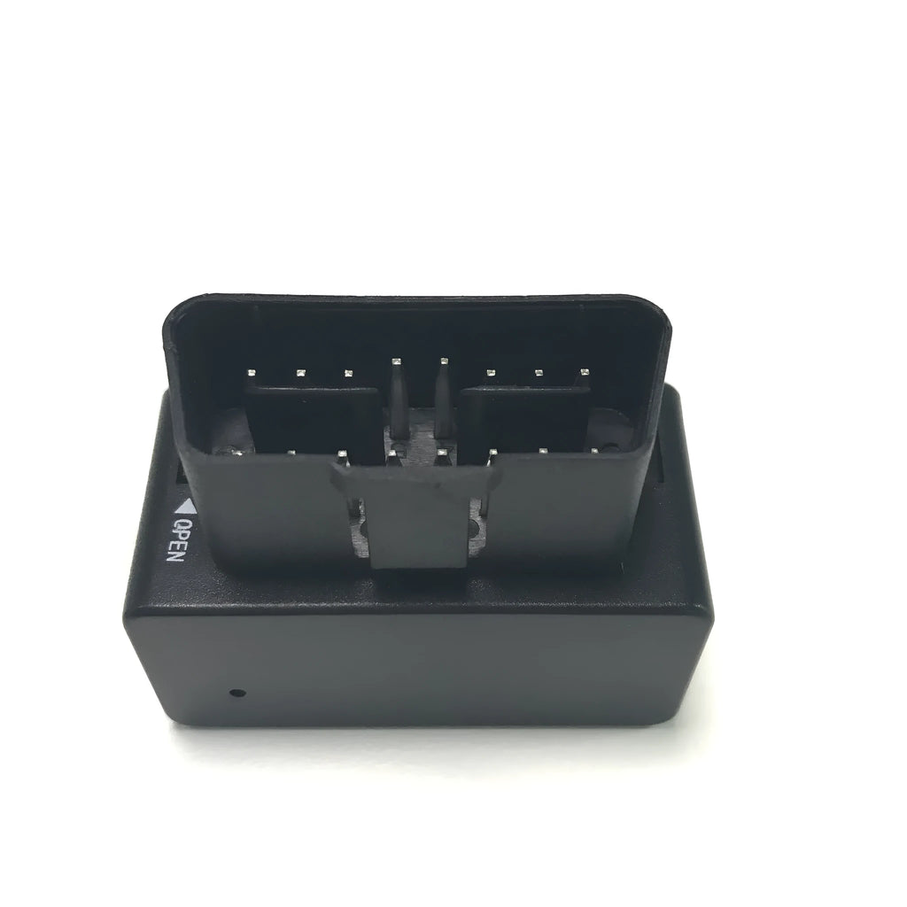 Black OBD GPS locator, 50x26x38mm, with 16PIN OBDII interface and built-in antennas, for vehicle tracking.