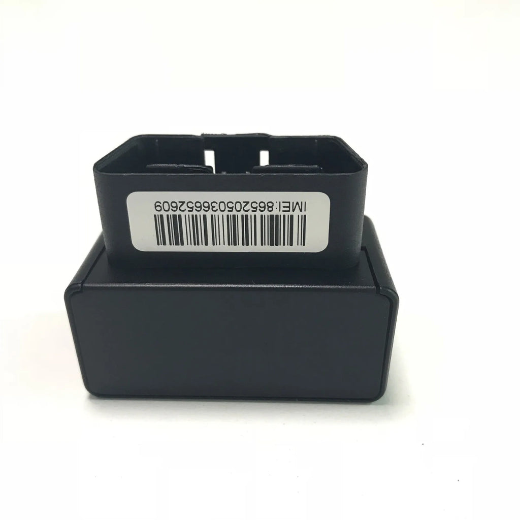 Black OBD GPS locator, 50x26x38mm, with 16PIN OBDII interface and built-in antennas, for vehicle tracking.