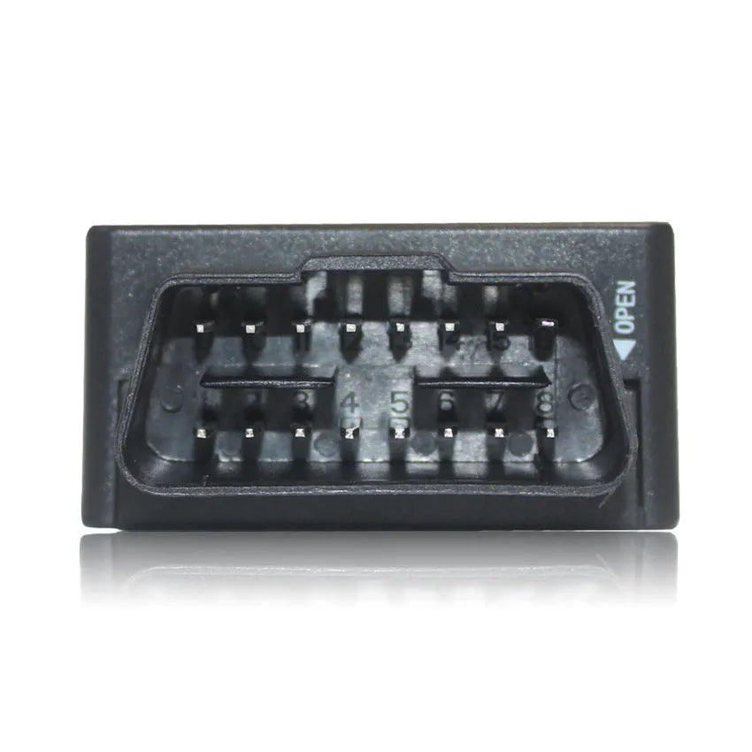 Black OBD GPS locator, 50x26x38mm, with 16PIN OBDII interface and built-in antennas, for vehicle tracking.