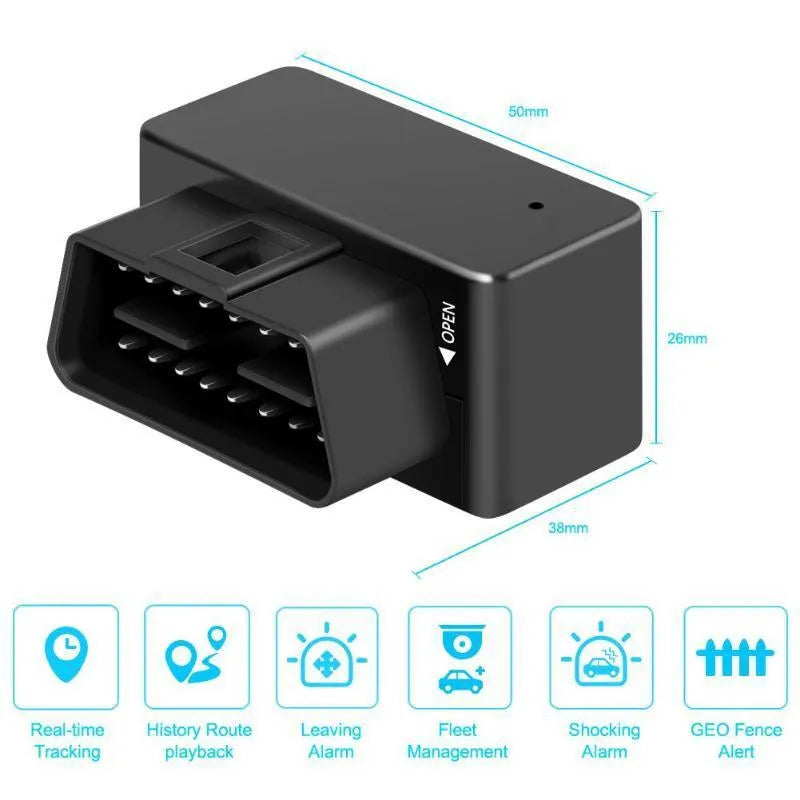 Black OBD GPS locator, 50x26x38mm, with 16PIN OBDII interface and built-in antennas, for vehicle tracking.