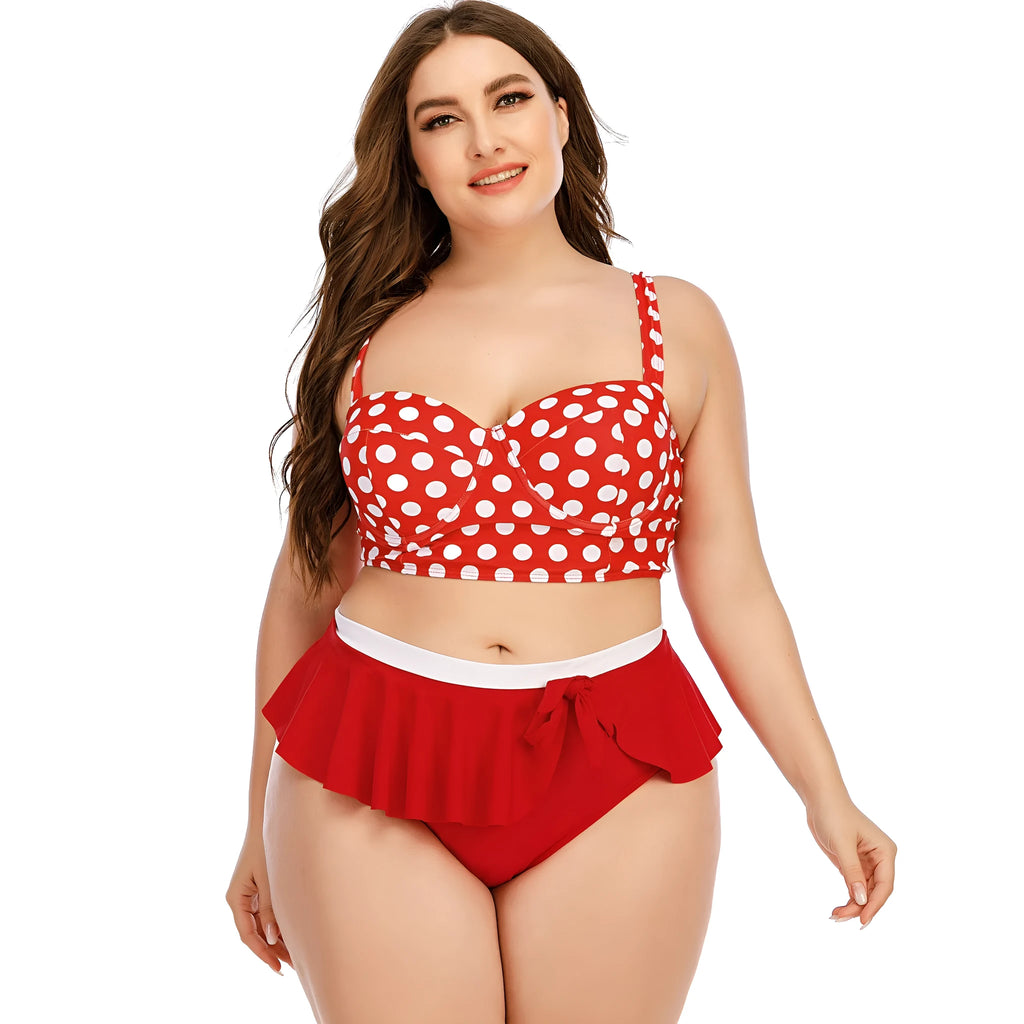 Plus size women's two-piece push up bikini set with retro wave pattern in blue dots, polyester and spandex fabric