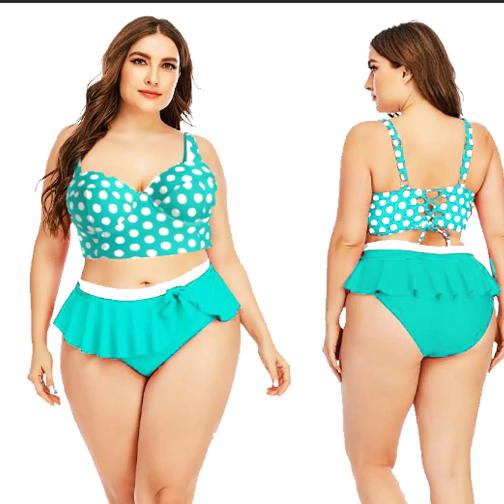 Plus size women's two-piece push up bikini set with retro wave pattern in blue dots, polyester and spandex fabric