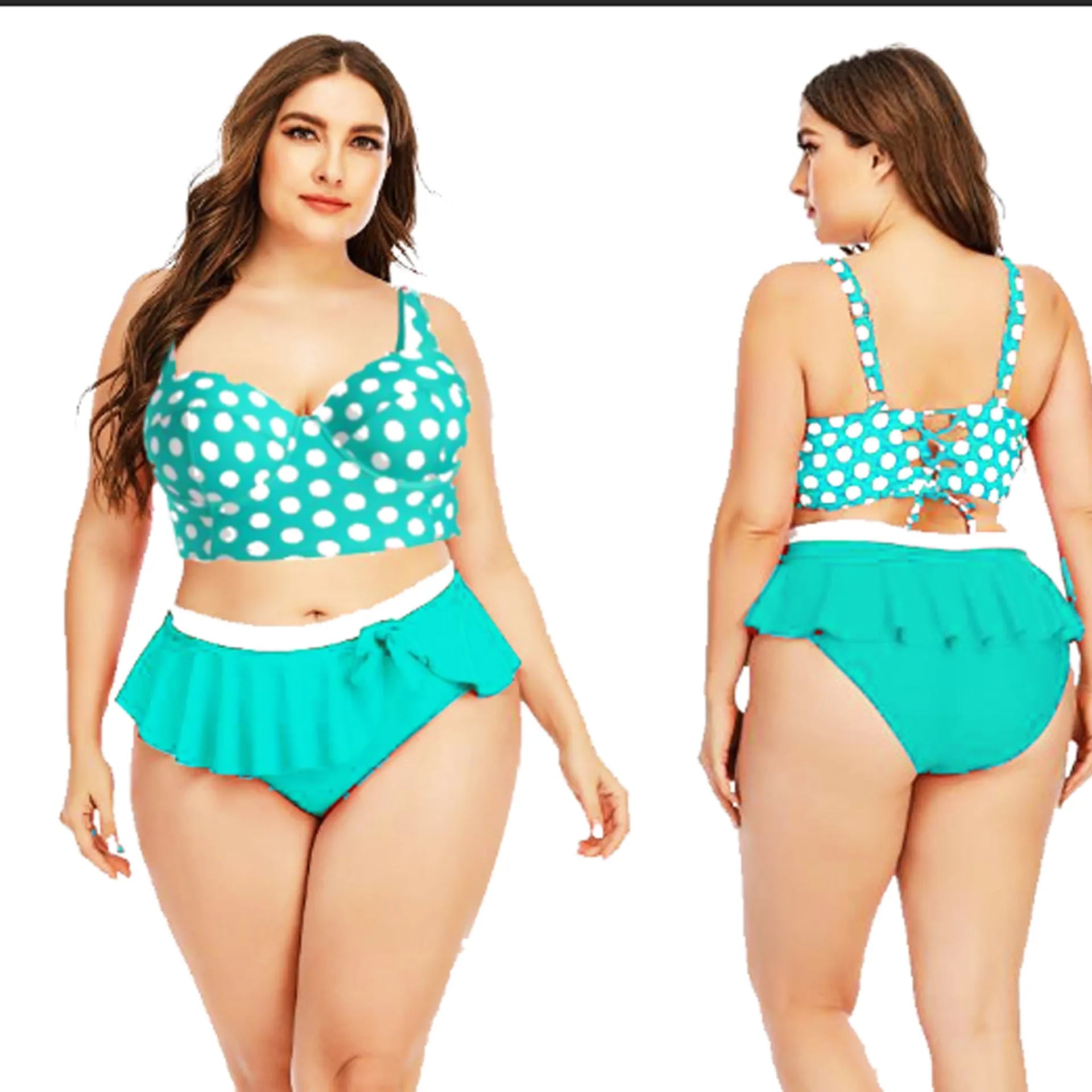 Plus size women's two-piece push up bikini set with retro wave pattern in blue dots, polyester and spandex fabric