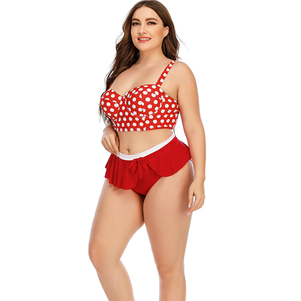Plus size women's two-piece push up bikini set with retro wave pattern in blue dots, polyester and spandex fabric