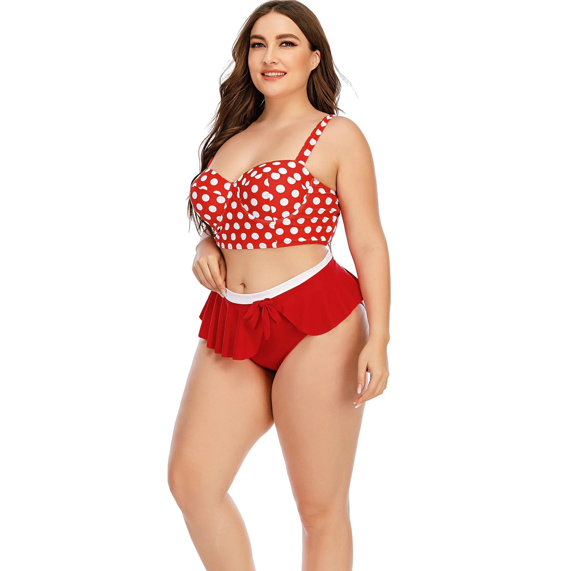 Plus size women's two-piece push up bikini set with retro wave pattern in blue dots, polyester and spandex fabric