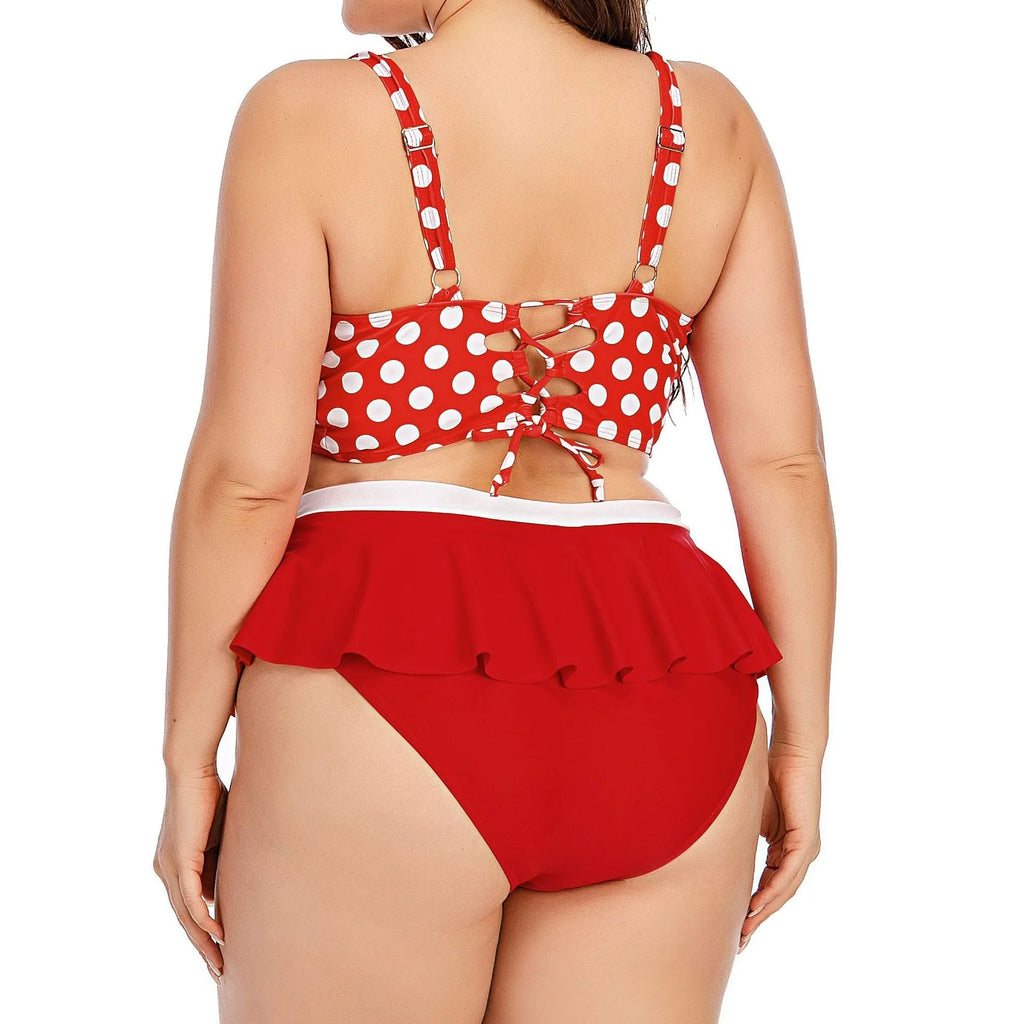Plus size women's two-piece push up bikini set with retro wave pattern in blue dots, polyester and spandex fabric